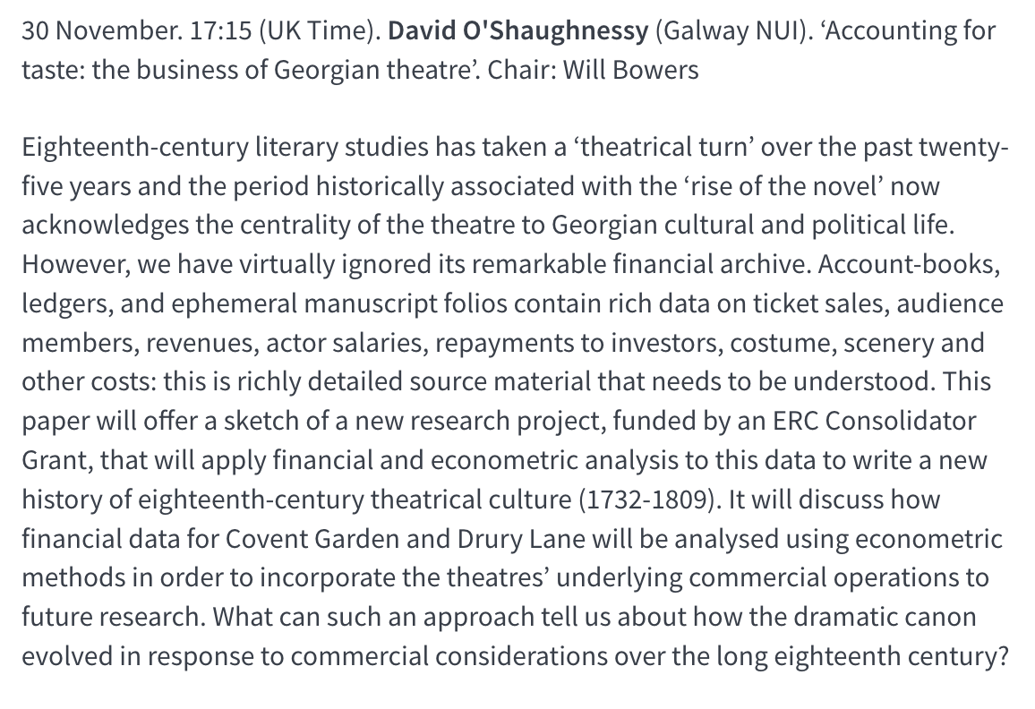 Seminar tonight @qmcecs 30 November. 17:15 (UK Time). David O'Shaughnessy (Galway NUI). ‘Accounting for taste: the business of Georgian theatre’. More: bit.ly/39turJj