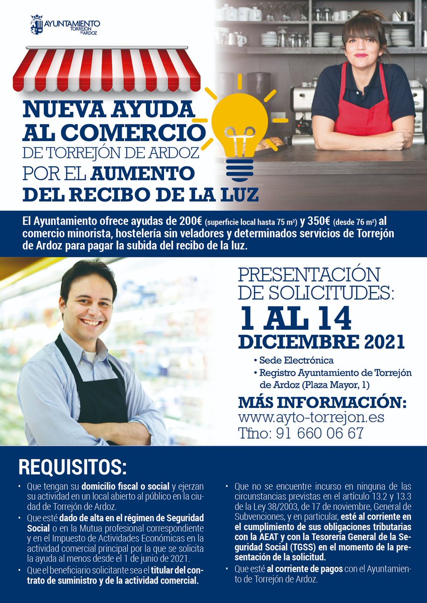 ivazquez06's tweet photo. Creamos una nueva ayuda extraordinaria de 200 y 350 euros para el comercio minorista, hostelería sin veladores y otros servicios de #TorrejóndeArdoz para ayudarles a afrontar el pago del recibo de la luz. 
Se puede solicitar del 1 al 14 diciembre.↩️ https://t.co/YIxNI25V4G https://t.co/dmL4Fk8GZk