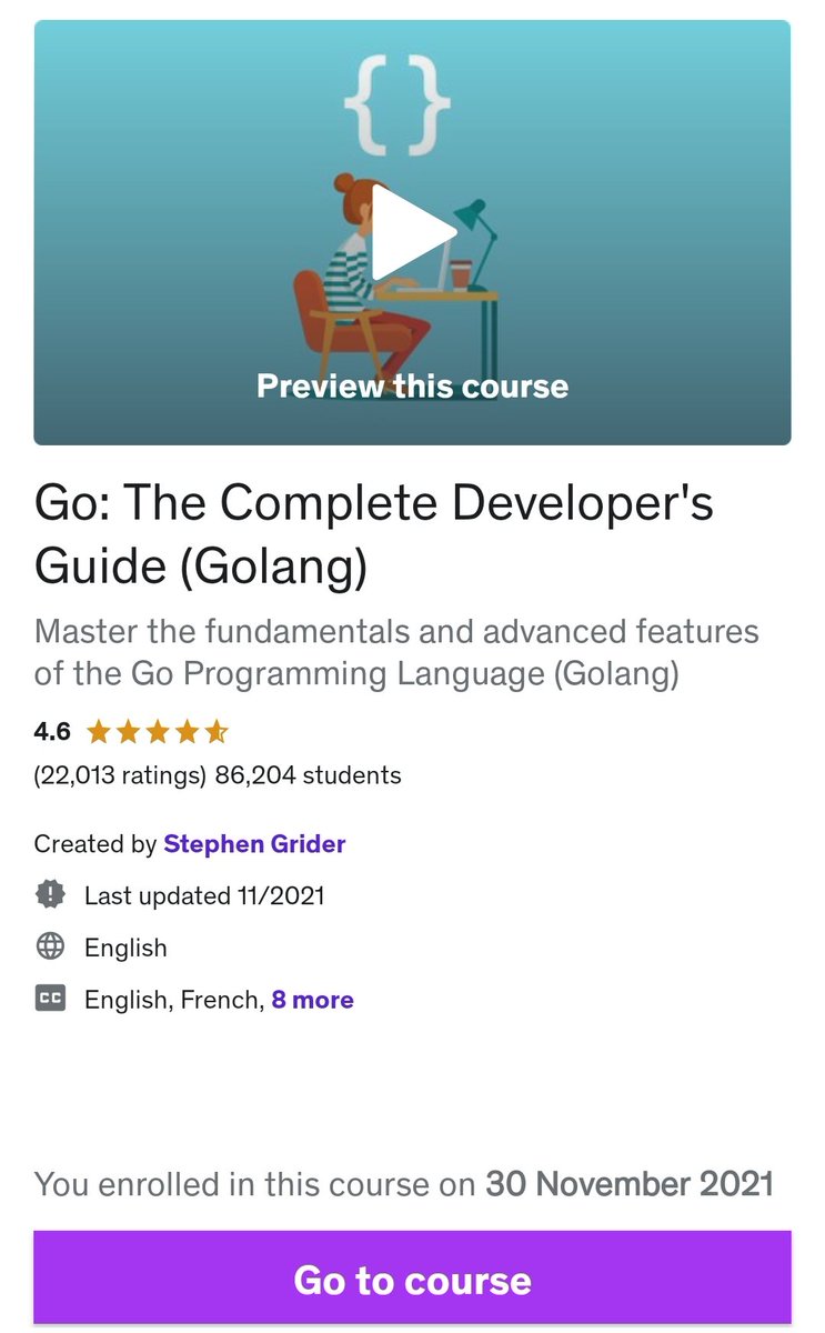 Hey guys, just enrolled to this #Golang course on #udemy with @StephenGrider . Hope this is gonna be great 😉

#learning #Developer #Coding #programminglanguage #programmingisfun #FirstPost