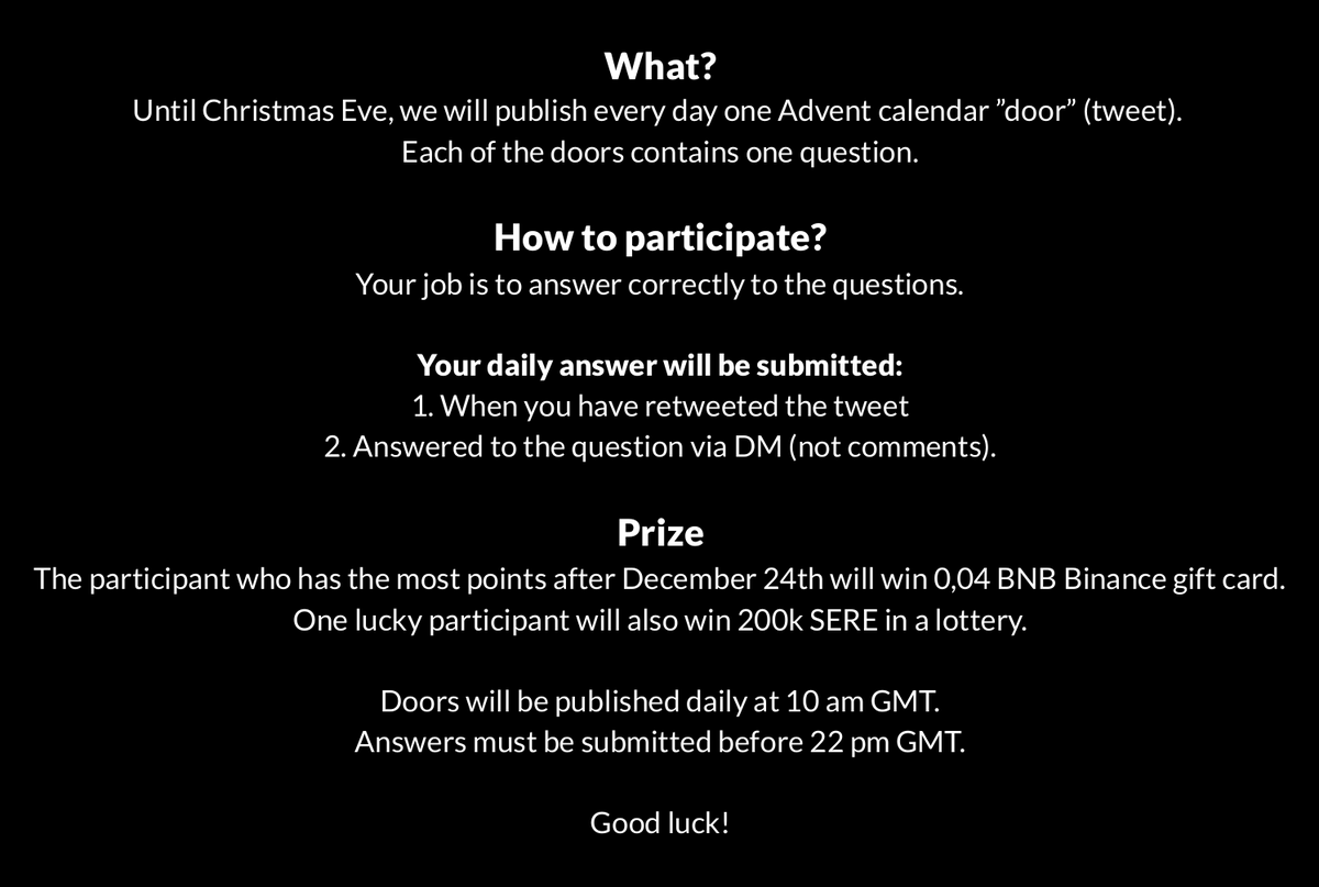 Serebspace's tweet photo. 🎁🎄ADVENT CALENDAR🎄🎁

December is here, and we want to celebrate Christmas season by launching our Advent calendar.

READ MORE BELOW ⬇️

$SERE #Serendibite #Bitcoin $BTC #crypto #BNB $BNB #Binance #BSC #Christmas #Advent #AdventCalendar #December #santaclaus #gift #contest https://t.co/KyATpqQ8Hp
