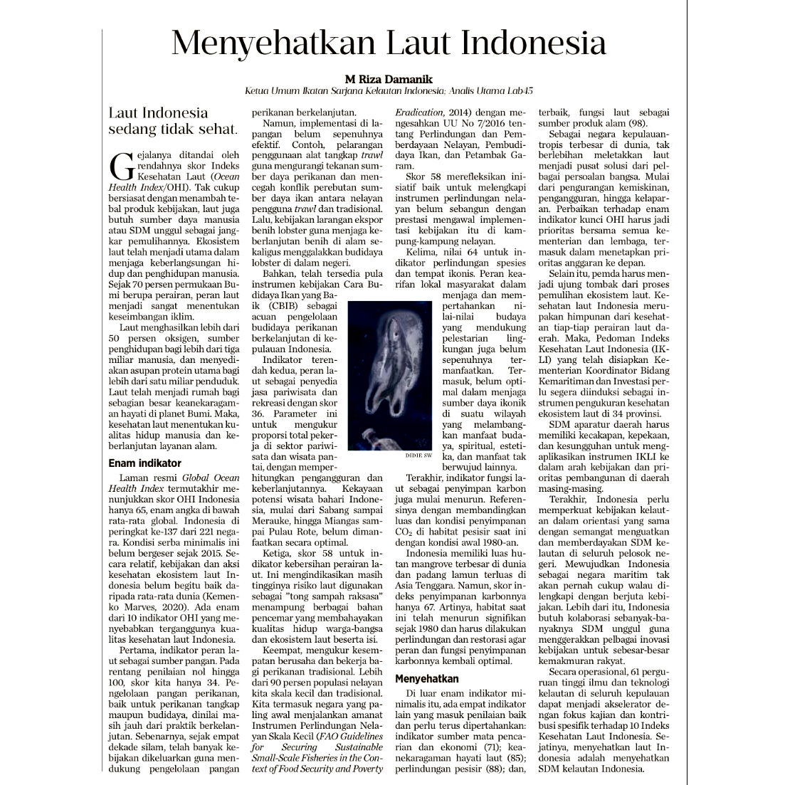 Menyehatkan Laut Indonesia

Indonesia perlu memperkuat kebijakan kelautan ("ocean policy") dalam orientasi yang sama dengan semangat menguatkan dan memberdayakan SDM kelautan di seluruh pelosok negeri. 

M Riza Damanik
Ketua Umum Ikatan Sarjana Kelautan Indonesia
<a href="/riza_damanik/">M.Riza Damanik</a>