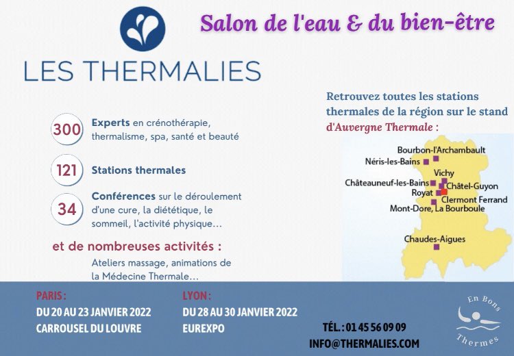 EnBonsThermes's tweet photo. #SAVETHEDATE 📆
Pour tout savoir sur le thermalisme et la thalassothérapie, rendez-vous au salon Les #Thermalies !

Parce que votre #santé et votre #bienêtre n’attendent pas, échangez avec des professionnels et préparez vos prochaines #cures.

@DavidThivel
#L3APASVICHY https://t.co/KzvsZPGMZi