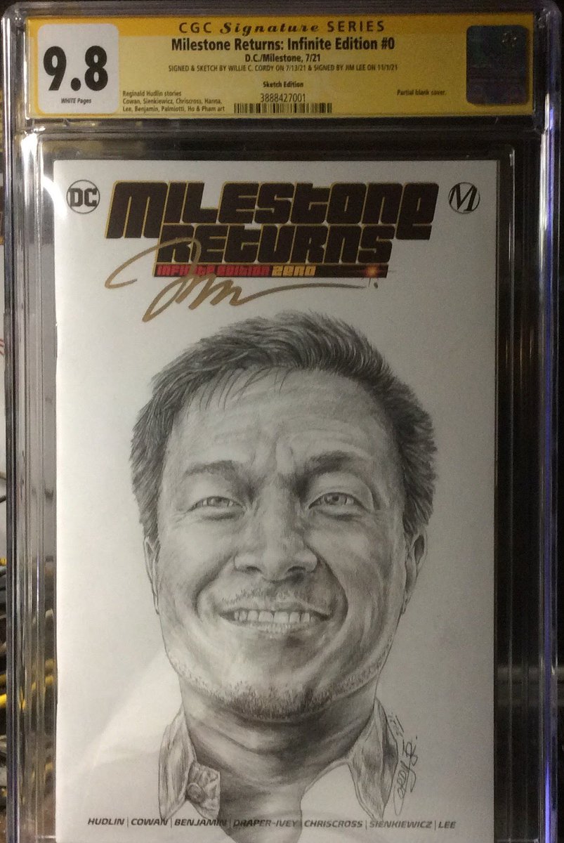 Highcreator1's tweet photo. The Jim Lee portrait I did on the Milestone Returns cover came back a 9.8 with Jim Lee's signature included with mine. More covers to do. I'm about to send off the Stroman and Cowan covers next. https://t.co/YKdWFHriFW