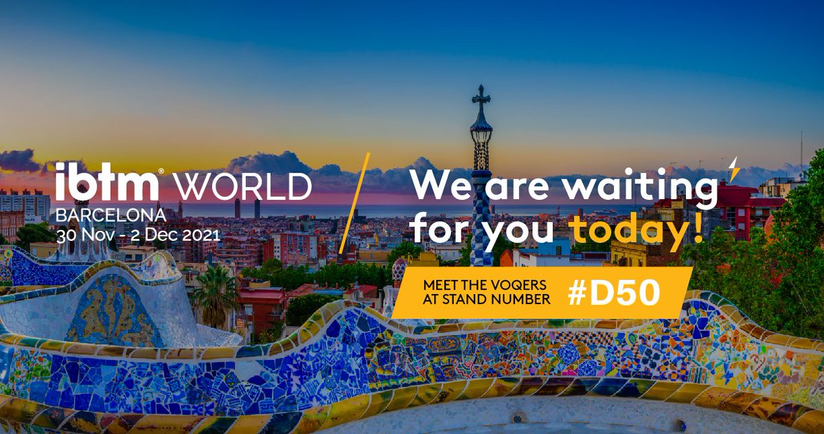 Today is the first day of <a href="/IBTMevents/">IBTM</a> World 2021! ⚡

Our VOQERs Tânia Santos and <a href="/miguelassis78/">Miguel Assis</a> will be in Barcelona for the next 3 days, waiting for you at booth #D50, to inspire the next best experiences in the events world. Come say hi!

#IBTMworld #events #experiences