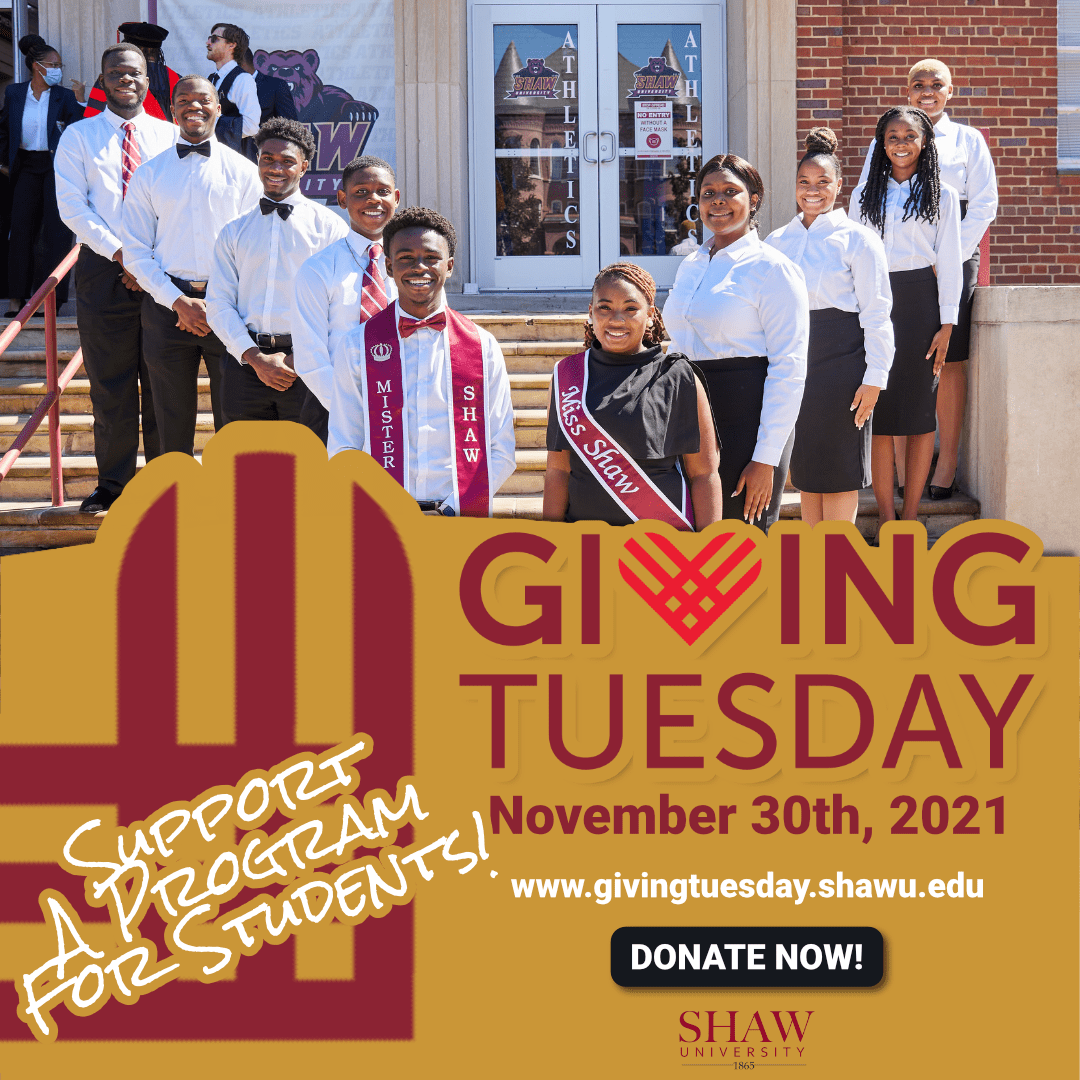 NAAShawU's tweet photo. We hope you’ll join us for this special day of giving and make a donation to Shaw University! https://t.co/tklMqEQpfI

#GivingTuesday2021 #GivingTuesday #giveback https://t.co/LA2HPLSFdz