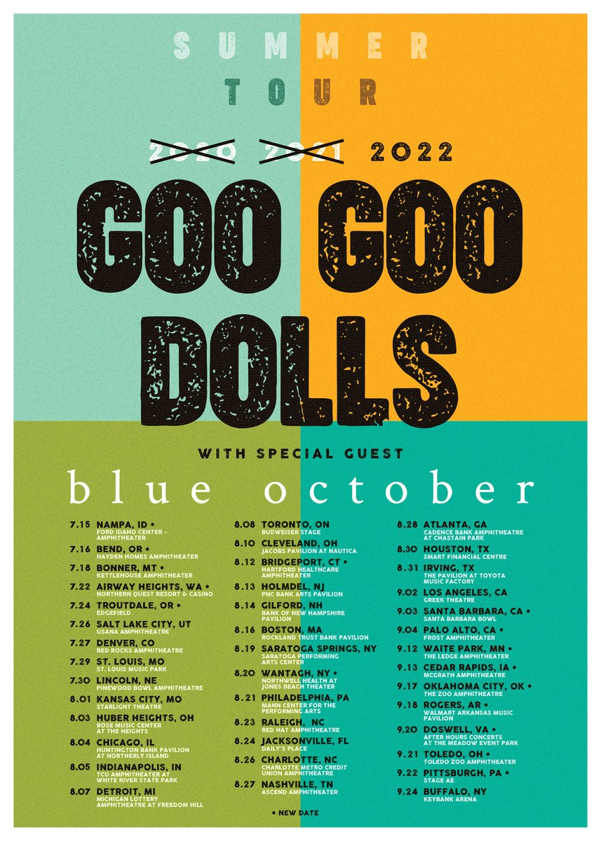 googoodolls's tweet photo. We've just added more dates to our 2022 summer tour with special guest @blueoctober !! Inner Machine Members can access presale tickets Wed Dec 1 at 10AM local time – Thurs Dec 2 at 10PM local time. Public On Sale begins Fri Dec 3 at 10 AM local time at https://t.co/i3RDcTINte. https://t.co/2fN1MuaaW4