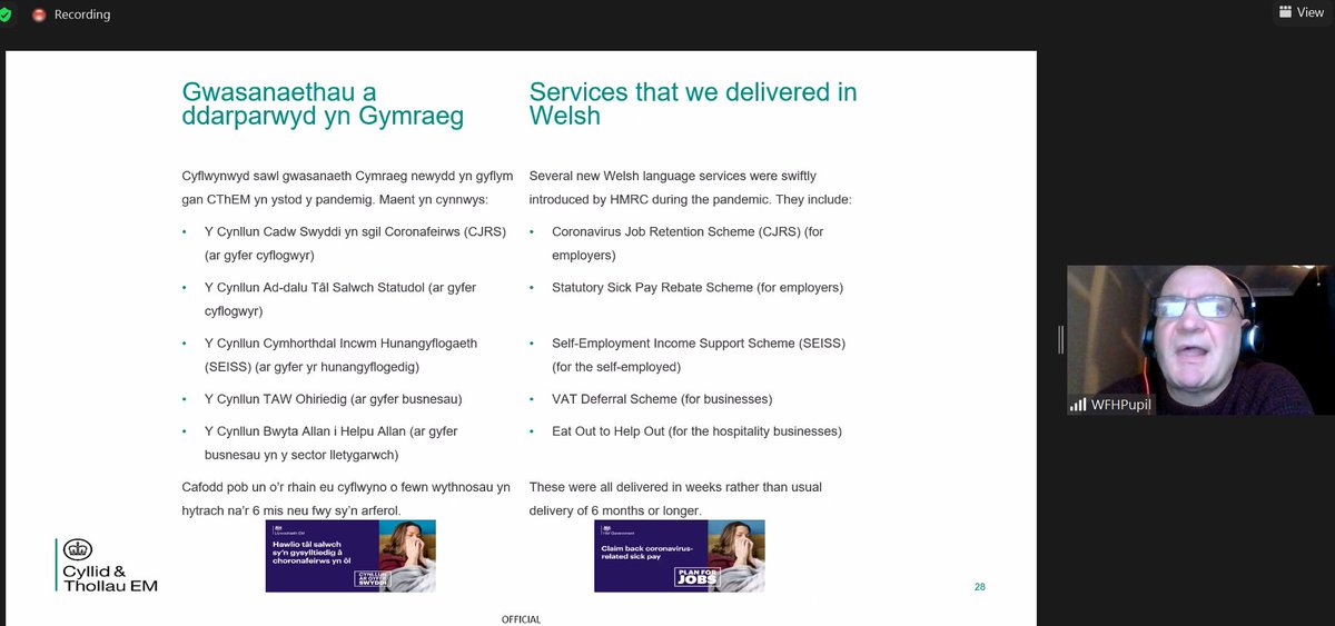 ComyGymraeg's tweet photo. Yn ystod #Covid19 bu raid @HMRCgovuk sefydlu sawl gwasanaeth newydd yn ddwyieithog, fel y cynllun ffyrlo. #ArferionEffeithiol
During #Covid19 @HMRCgovuk had to establish several new bilingual services, such as the furlough scheme. #EffectivePractices https://t.co/vseewZmgk5