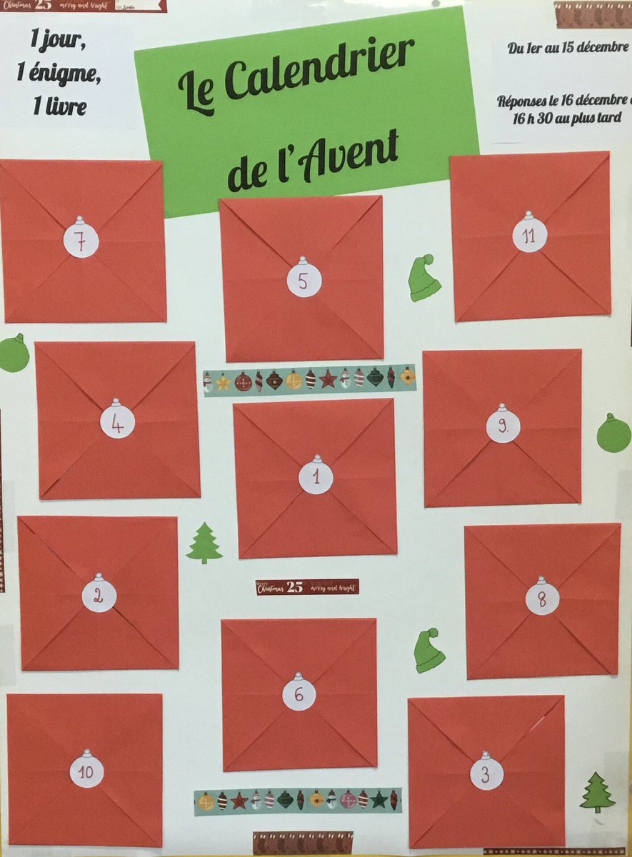 PGoasguen's tweet photo. Vous l’attendiez ? Il est là… Le désormais traditionnel calendrier de l’Avent à découvrir au CDI dès demain. 
1 jour, 1 énigme, 1 livre du 1er au 15 décembre.
 #CDI #SFND #Lesneven #profdoc https://t.co/52bYXrifLS