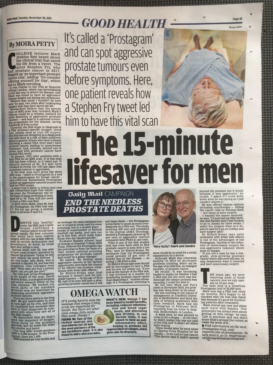 🌟Exiting to see #Prostagram getting a full page feature in todays paper 👏 Thanks @f1professor for sharing your personal cancer story & @stephenfry for recruiting so well 👉Article at: dailymail.co.uk/health/article… @LondonProstate1 @HemmySokhi @ImperialSandC @imperialurology