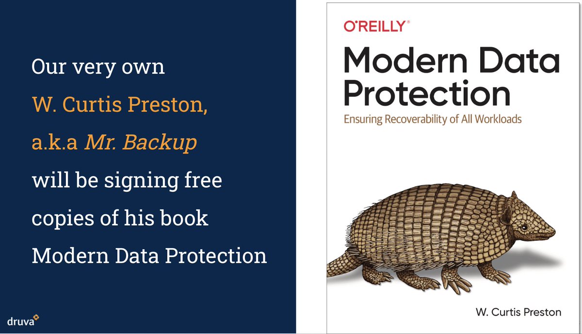 tweet_anwesa's tweet image. We are pleased to announce that Druva&apos;s Chief Technical Evangelist, W. Curtis Preston, aka #MrBackup, will be signing copies of his book &quot;Modern Data Protection&quot; in booth #1341 today at 12:30 pm PST. #Reinvent21 #DruvareInvent