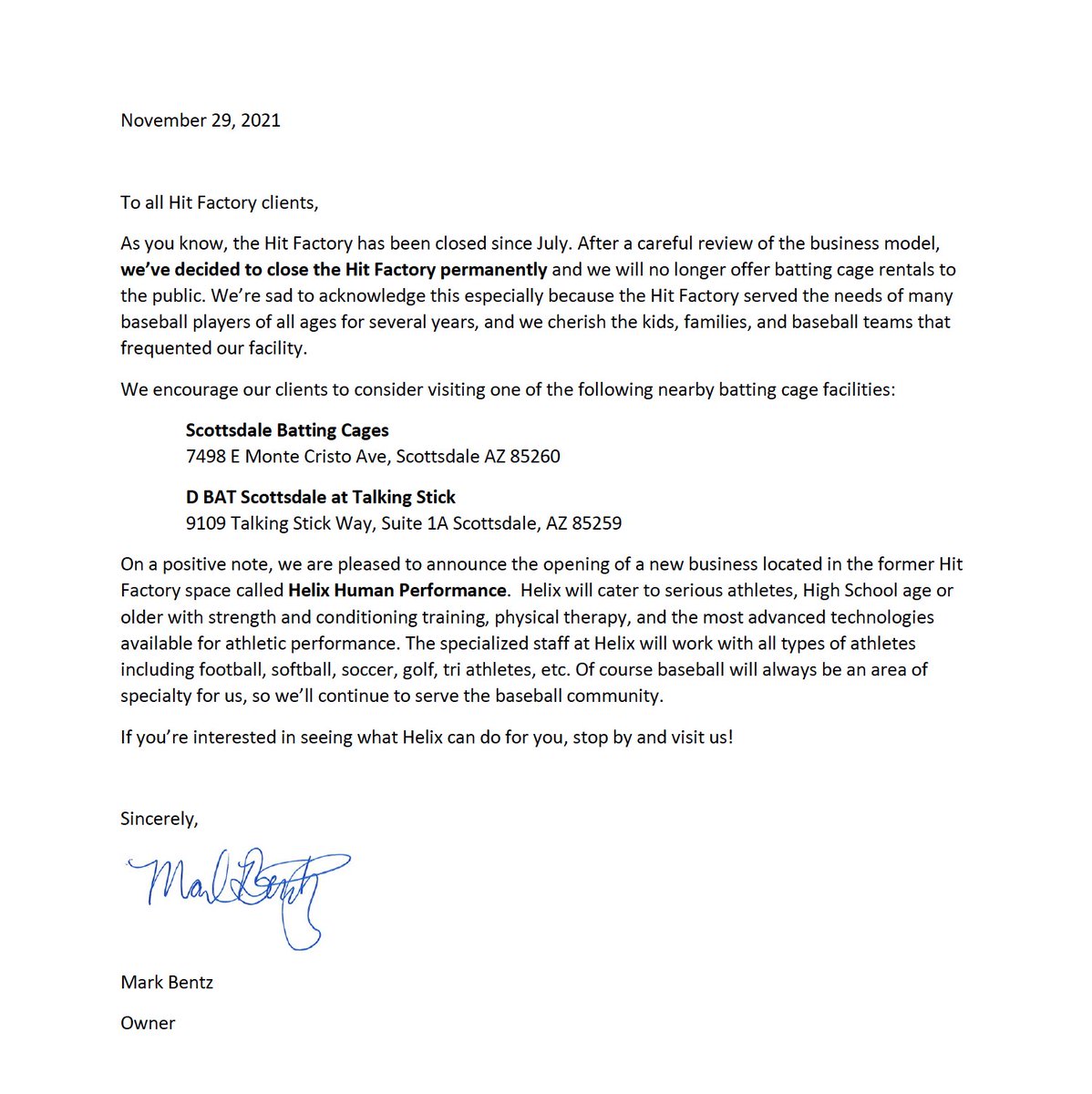 The Hit Factory has served the needs of baseball players of all ages & we cherish those that have been a part of this community. While we’ve decided to close Hit Factory we are opening Helix Human Performance in the space, catering to strength & conditioning training. Coming soon