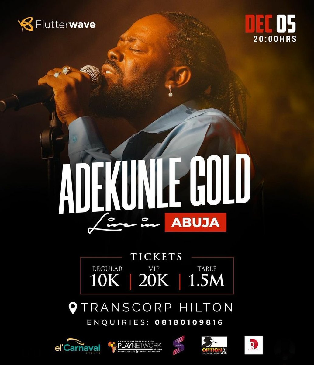 currentiyke's tweet photo. Looks like we're having most of these A-list artists in Abuja.
Events choke for Abuja๐
Cop your tickets now for Adekunle concert on 5th Dec with that your detty Dec money๐
#DrayEntertainment #DecemberInAbuja
#AdekunleGoldLive https://t.co/k8IkxM1eA8