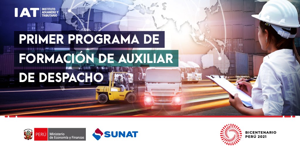 SUNATOficial's tweet photo. 📣 CONVOCATORIA
El Instituto Aduanero y Tributario - IAT de la #Sunat convoca al primer Programa de Formación de Auxiliar de Despacho dirigido a todas las personas interesadas.

Conoce los requisitos y todos los detalles, aquí 👉🏾 https://t.co/BPuDCUJCKy https://t.co/r7HmqzmbxK