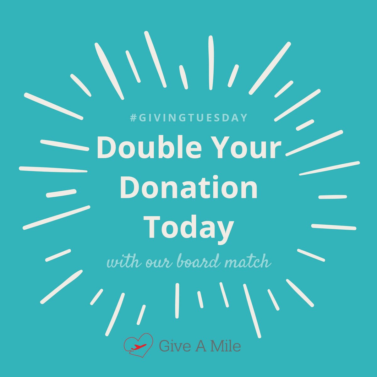 giveamile's tweet image. DOUBLE YOUR DONATION!
The Give A Mile board has agreed to match donations today up to $4000! So follow the link, make a donation, and help us fund SO MANY flights for families this holiday season!