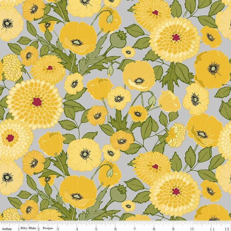 The latest addition to my #etsy shop: Petals and Pedals Main Gray by Jill Finley, Riley Blake Designs - Yellow Flowers - Quilting Cotton Fabric, C11140 Gray, sold by 1/2 yard etsy.me/3o4R9iS #floral #quilting #gray #cotton #yellow #sewing