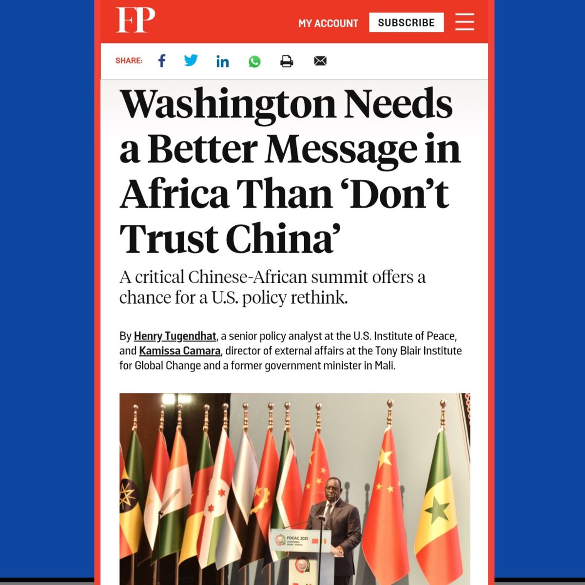 eslemanabbay's tweet photo. Washington Needs a Better Message in Africa Than 'Don't Trust China'
A critical Chinese-African summit offers a chance for a U.S. policy rethink"
@ForeignPolicy 

#MisGuidedUSAPolicy
@ChineseEmbinUS @ChinaEmbAddis 
#AdwaAgain
@USEmbassyAddis https://t.co/wxfRVc9CTt
