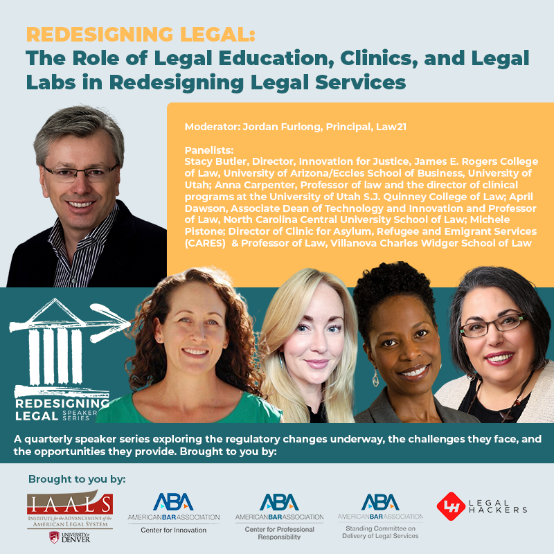 Just ONE WEEK until the fourth #RedesigningLegal session! Join us in exploring the role of legal education, clinics, and legal labs in redesigning legal services. December 7, 11 a.m. MST. 
iaals.du.edu/events/redesig…