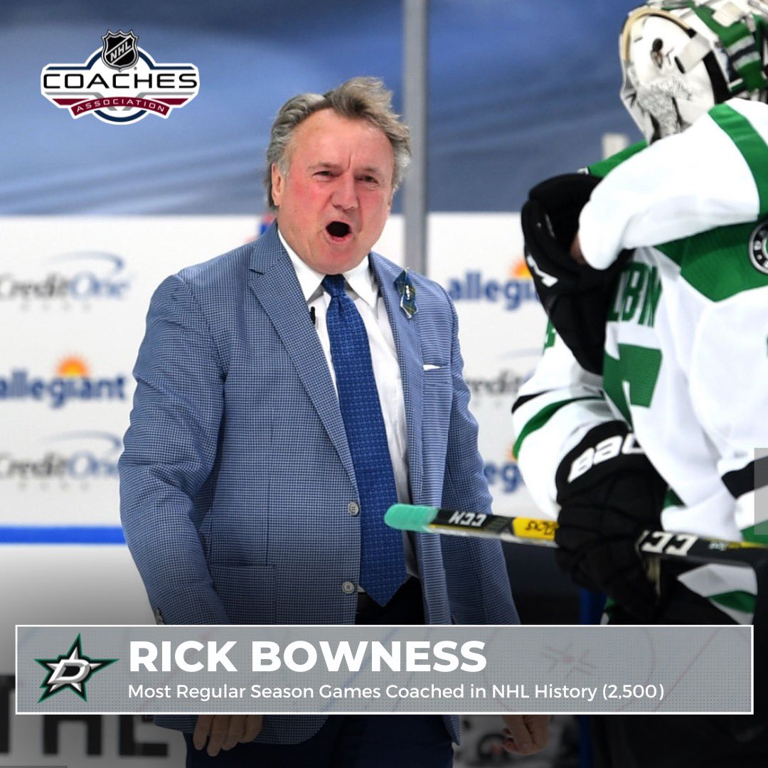 NHLCoachesAssoc's tweet photo. 🚨MILESTONE ALERT🚨

Tonight, Rick Bowness will coach his 2,500 regular season game, the most in #NHL history. 🤯

Congrats on the incredible accomplishment, Coach! 👏 

#NHLStats #NHLCA #TexasHockey https://t.co/d3Al9tu4Be