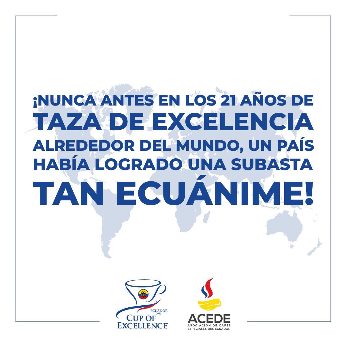 Éxito rotundo en la primera subasta internacional Taza de Excelencia Ecuador 2021! 🇪🇨
Ecuador hace historia y logra un récord MUNDIAL de $38.36/LB Precio Promedio. 
Nos vemos el próximo año para la Segunda edición de Taza de Excelencia Ecuador, Campeonatos WCE y Q Graders! 🇪🇨☕️❤️