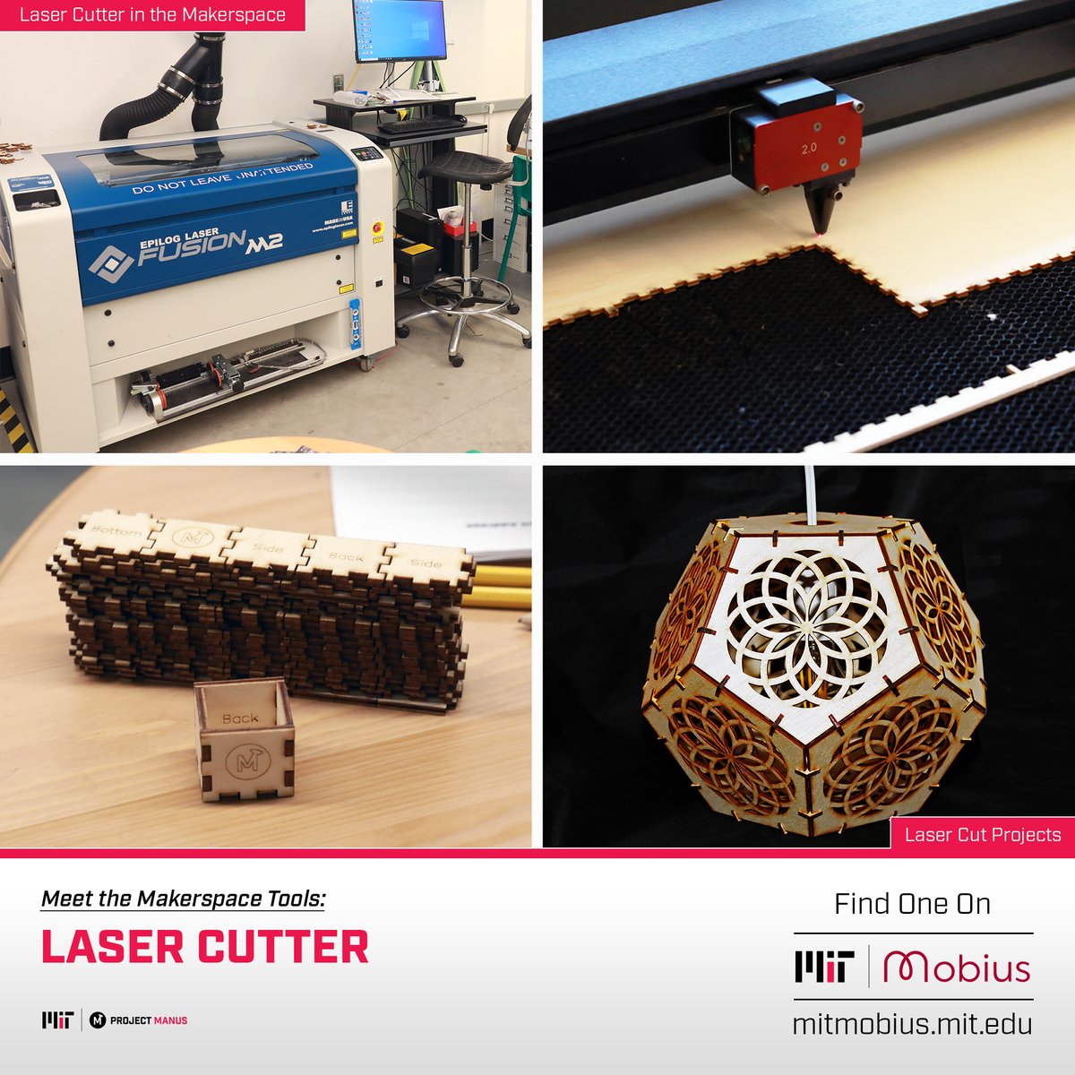 projectmanus's tweet photo. MEET THE MAKERSPACE TOOLS: LASER CUTTER — A laser cutter uses a laser to melt, burn or vaporize materials, resulting in a cut edge, an engraving or a marking. There are many laser cutters on MIT's campus — find them on Mobius. Lamp by Erika A. #mitmaking #mobius #aroundMIT https://t.co/d2gFAiTxGE