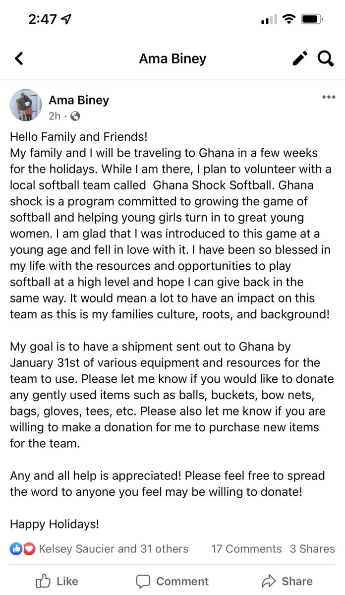 amab01_'s tweet photo. Please help me grow the game of softball in Ghana with @GhanaShock !! Please let me know if you have equipment to donate or are willing to make a donation. I have been blessed in my life with the resources and opportunity to play sports and I want to give back as much as I can! https://t.co/V9qPPoaAvY