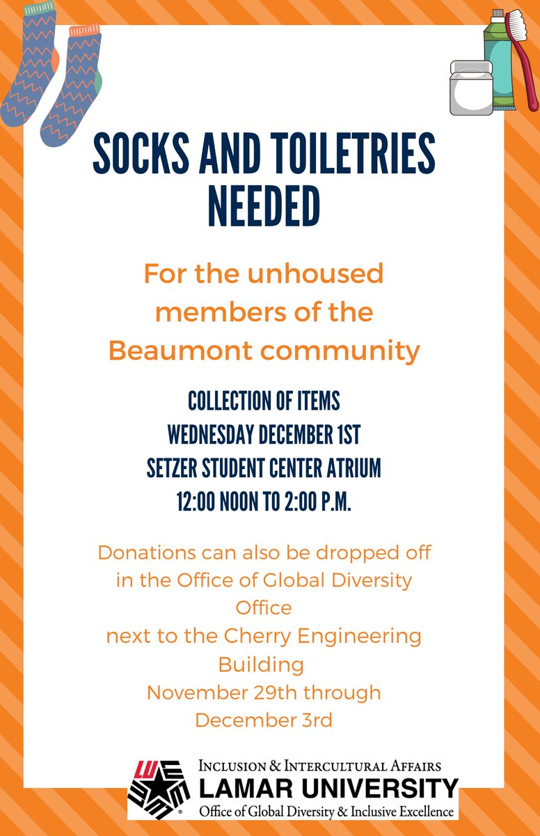 BLSLamar's tweet photo. December is Universal Human Rights month. The Office of Global Diversity and Inclusive Excellence and the Black Legal Society student organization are seeking donations for the unhoused in Beaumont Texas. Help us serve our community by donating socks and toiletries @LU_OGDIE https://t.co/zb7nS2dUkG