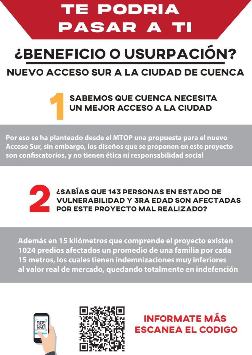 GuayasDanniel's tweet photo. El nuevo acceso sur a Cuenca ¿en verdad es un beneficio o una usurpacion?
entérate realmente lo que hay detrás de esta "supuesta obra "
acompañennos mañana e esta marcha pacífica 
@FelipeBerrez @Veroniabad @Vinis666 @PRENSAVirtual_  @ElMercurio_cl @cronicacuenca @_REDInformativa https://t.co/zXEeGQdK6q