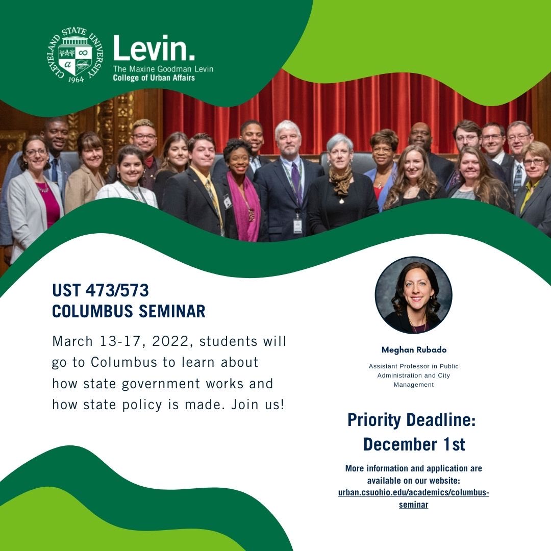 I’m very excited to teach this state government course ⁦<a href="/CSU_Urban/">Maxine Goodman Levin School of Urban Affairs</a>⁩ ⁦<a href="/CLE_State/">Cleveland State University</a> this Spring⁩. The course centers around an immersive week in Columbus over Spring Break. Spread the word to meet priority Dec. 1 app deadline.