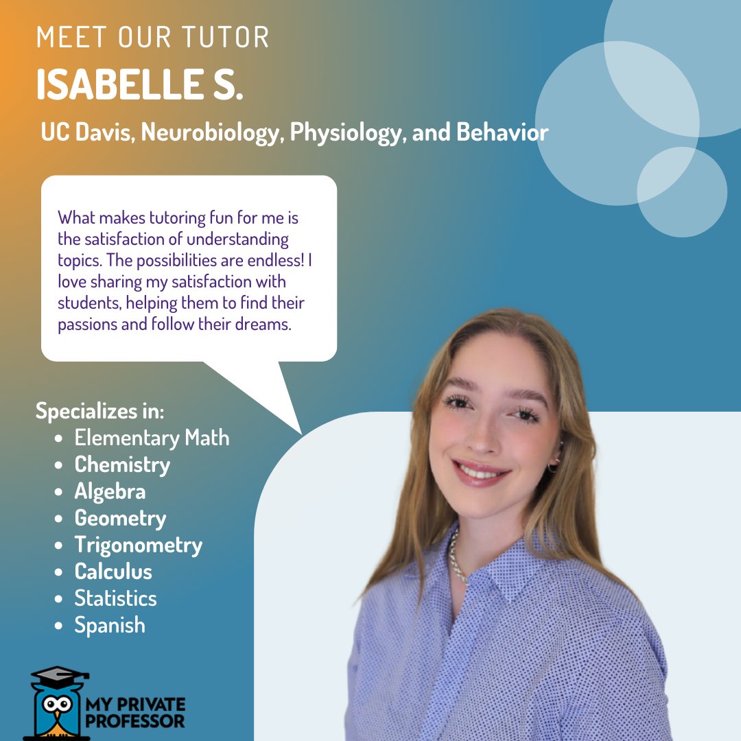MyPrivateProf's tweet photo. Tutor Spotlight: Isabelle S.

Fun Fact: She was a teaching assistant for the American Academy of Medicine and Surgery, where she taught students surgical skills, such as handling instruments and anatomy.

Interested in booking Isabelle? 
Visit: https://t.co/qcqw9REpoY https://t.co/ZZ7C86ILvO