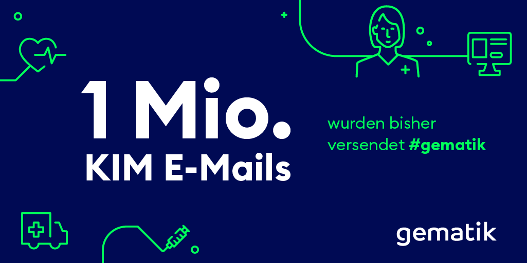 gematik1's tweet photo. Wir feiern heute ein kleines Jubiläum! Seit dem 01. August wurden bereits 1 Mio. E-Mails über #KIM verschickt. Die Zahl zeigt, dass #KIM (Kommunikation im Medizinwesen) in der Praxis ankommt! Alle weiteren Infos dazu gibt es hier: https://t.co/5TLTo4QGM7

#gematik https://t.co/UXsxRG6AGn
