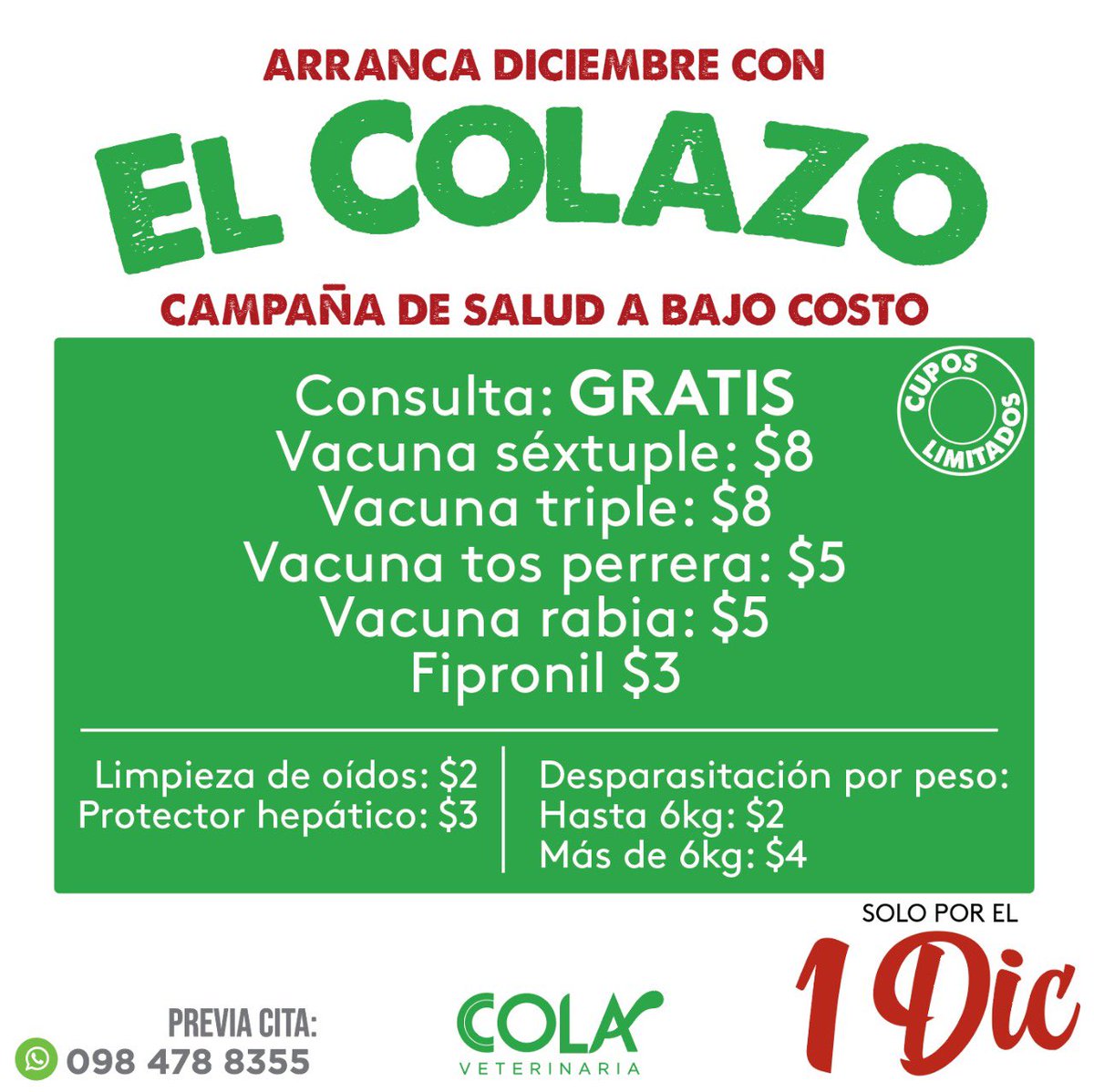 COLAcentro's tweet photo. Arranca Diciembre con #ElColazo Promo de servicios de salud veterinaria a bajo costo, solo por el 1 de Diciembre. Reserva tu cita ! https://t.co/LVUtbGf1rk