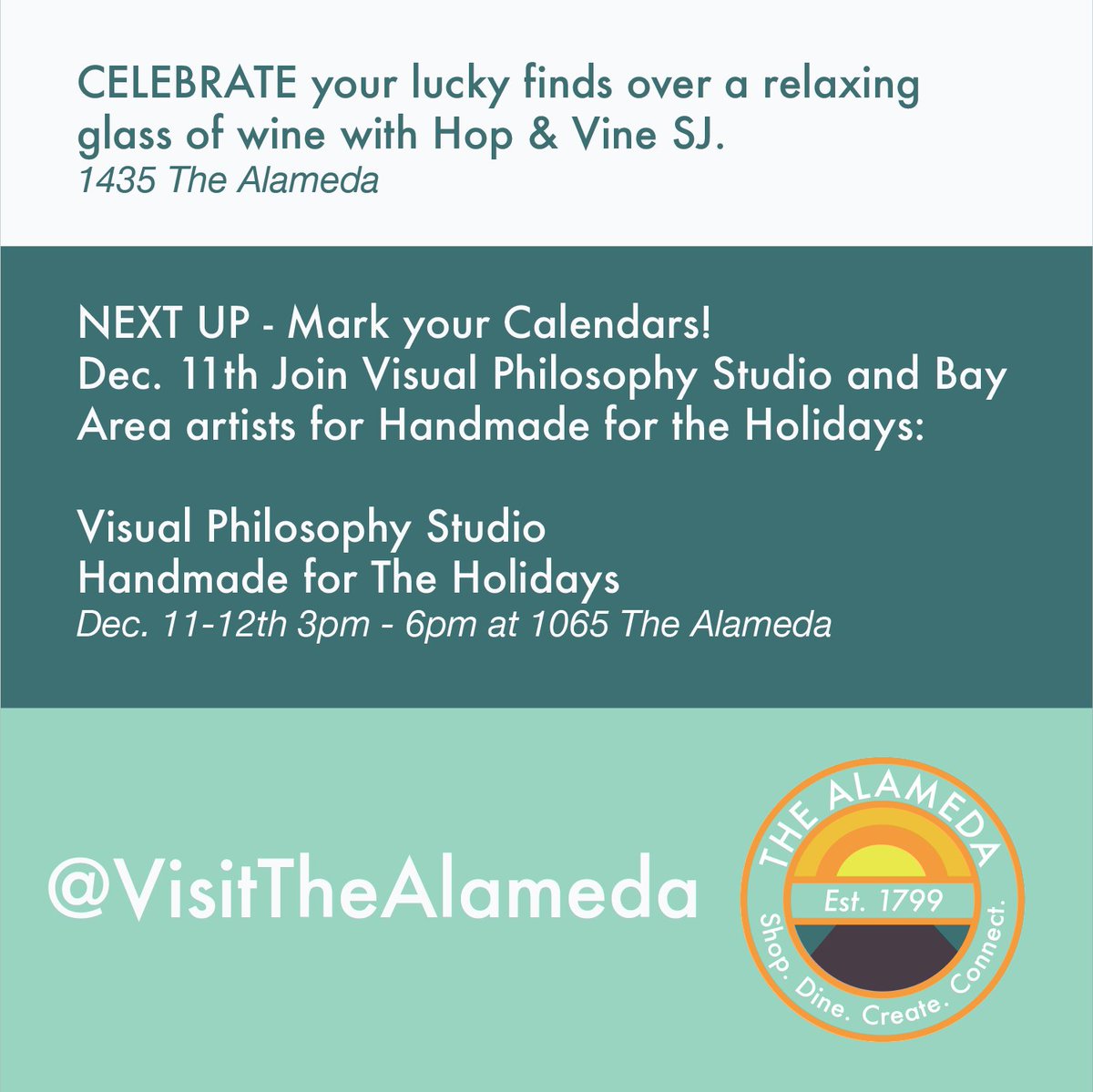 visitthealameda's tweet photo. Join us Dec. 4th on The Alameda. Shop French and European Antiques with Atelier de Campagne at Zona Rosa, unique gifts at The Alameda Artworks Open Studios and make it a day with lunch and a glass of wine. 
#ShopLocalSJ
@SJD6CA @sjeconomy @408Nate https://t.co/hSKw462ASx