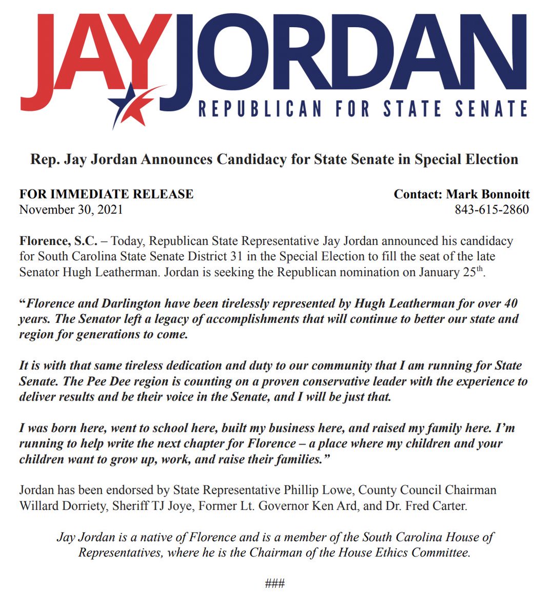 It's official: I am running for State Senate District 31. The Pee Dee is counting on a proven conservative leader to deliver results and be their voice in the state Senate. I will be just that.
