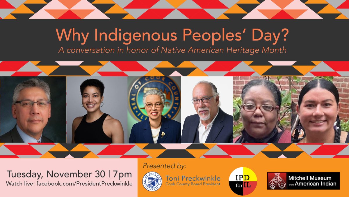 Ipd4I's tweet photo. TONIGHT Nov 30, 7pm CST - PLEASE join us for a Conversation hosted by Cook County President Toni Preckwinkle about Why Indigenous Peoples' Day (online) to wrap up Native American Heritage Month 2020. https://t.co/rB2jhInD5v (details here: https://t.co/8ePhZFCHV6 https://t.co/p7hwTr8Cyo