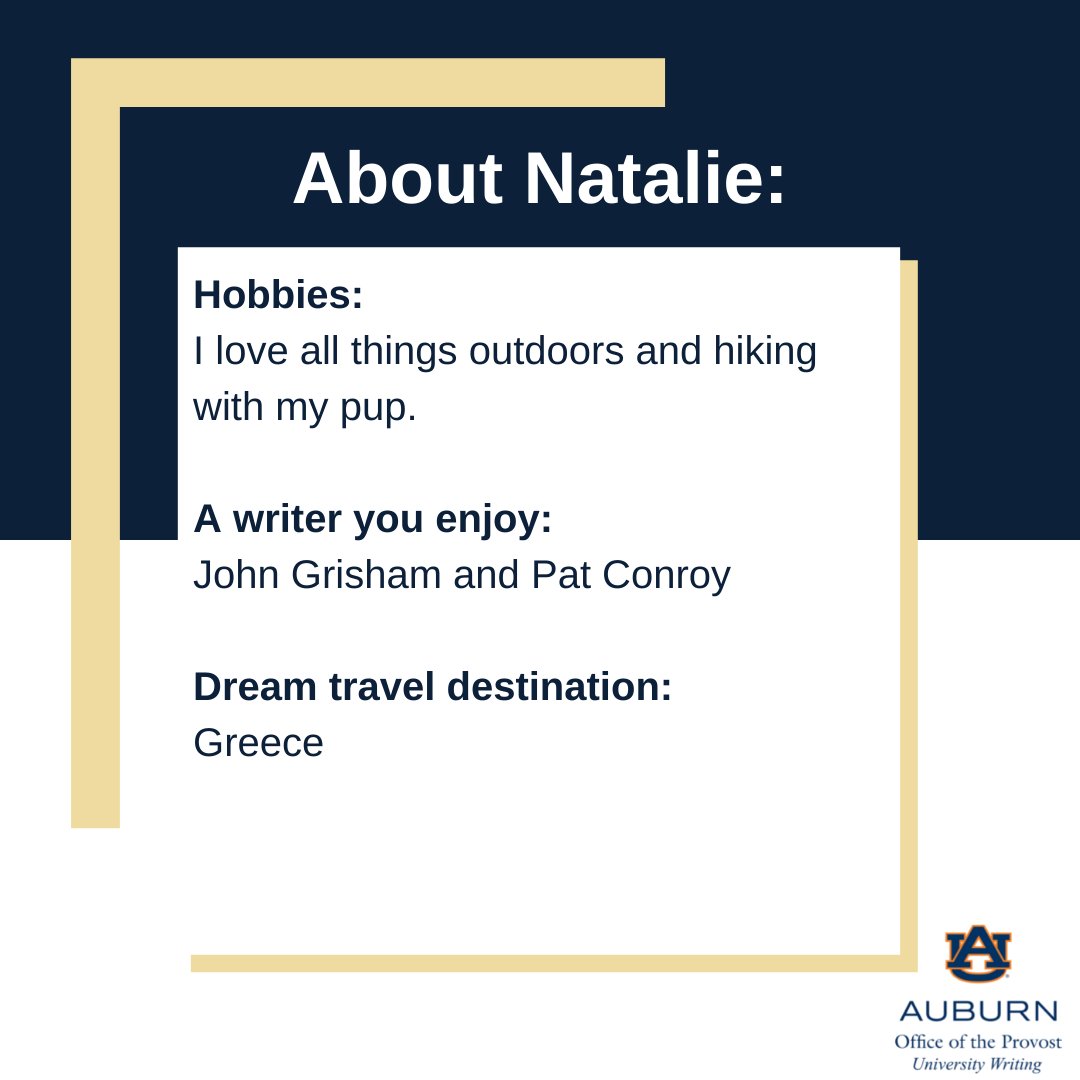 UnivWritingAU's tweet photo. Today we're putting consultant Natalie in the University Writing Spotlight! Scroll through these images to learn more about her. #UniversityWriting #AuburnUniversity #Auburn #WritingAtAU #auburnuniversity https://t.co/4LWFCzsRCH