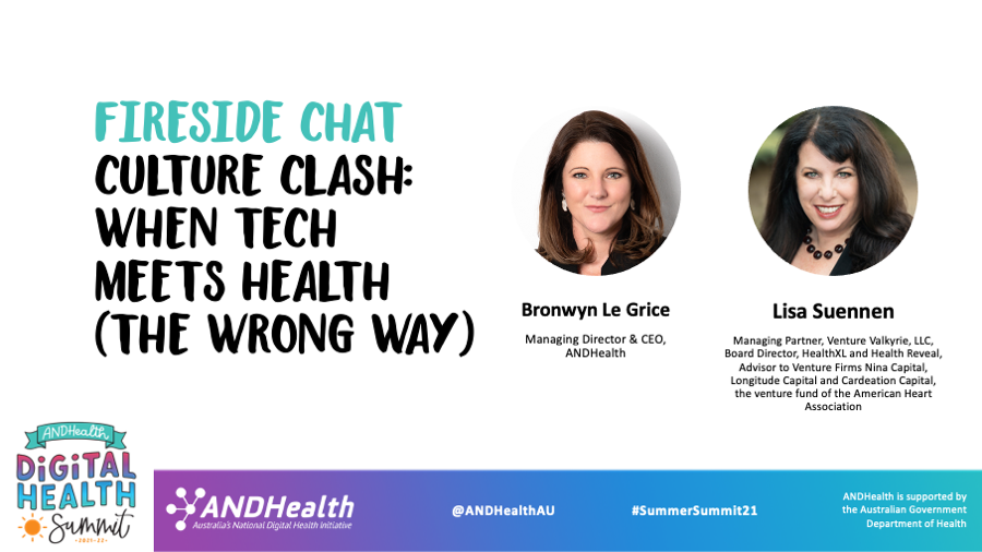 ANDHealthAU's tweet photo. Join global industry thought leader, executive and investor Lisa Suennen @VentureValkyrie and ANDHealth CEO @Bron_LeGrice as they explore the cultural collisions that can occur when #health meets #tech and how companies might navigate them. Book now: https://t.co/0EjLTJSHiY https://t.co/kUeQgnZwdZ
