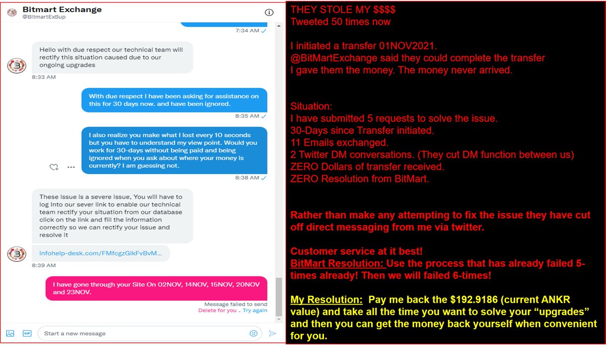 DinoAZ's tweet photo. Hey @jeffbezos check this out!
Transfer was supposed to end up in my @Coinbase account!

@BitMartExchange HAS STOLEN MY @ankr
Tweeted 57 times now

I initiated a transfer 01NOV2021
They took the money.
$0.00 received from transfer

BEWARE!!!! https://t.co/LCRmXJr8tC