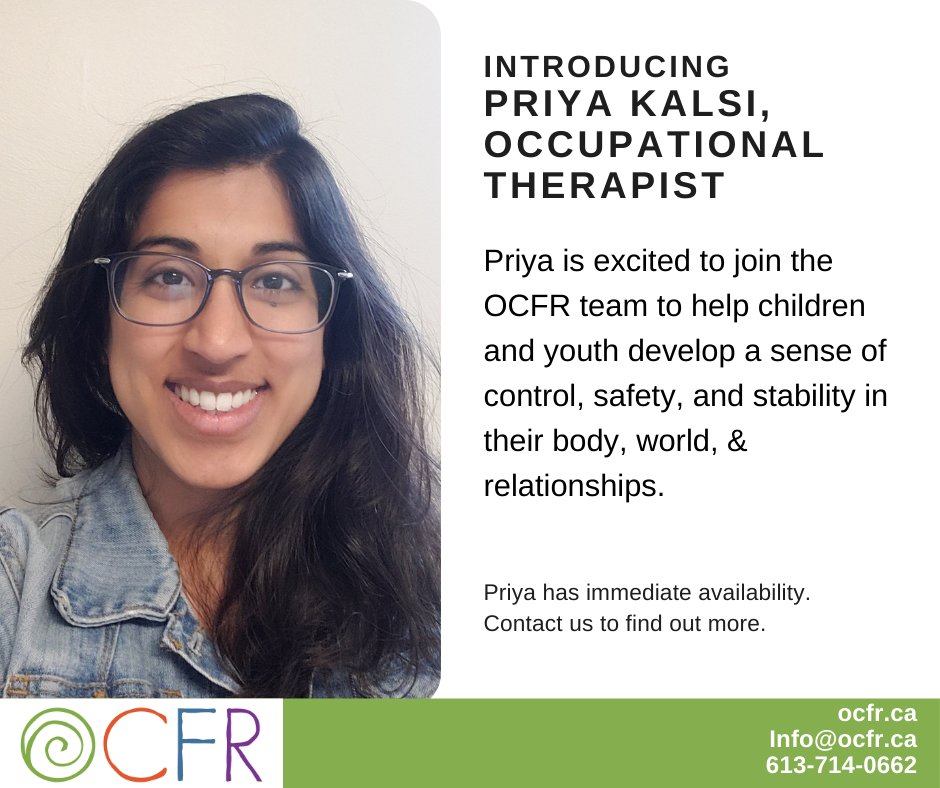 ocfresilience's tweet photo. We are thrilled to welcome Priya, Registered Occupational Therapist, to the OCFR team!

Contact us for a free consultation
613-714-0662
info@ocfr.ca
https://t.co/O4S7IQpKq3

#ottawa #OccupationalTherapy #traumainformed #therapy https://t.co/mGEzgJqLkx