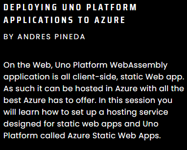 UnoPlatform's tweet photo. Next up at #UnoConf is the man, the legend, @ajpinedam , showing how to deploy Uno Platform - Wasm applications to @Azure
https://t.co/brJsgZgeUo https://t.co/SurD7hUXWx