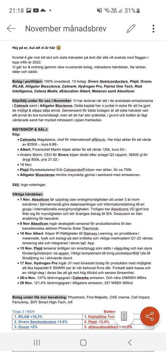 westfinangs's tweet photo. November månadbrev enligt bifogat nyheter, tankar och idéer:
#Siverssemiconductors #Plejd #Ovzon #IRLAB #HydrogenPro #Metacon #PatriotOnetech #RiskIntelligence #Absolicon #CatenaMedia #ALBERT #Calmark #AlligatorBioscience mm.

#fintwitter https://t.co/iHTd8IPlH5
