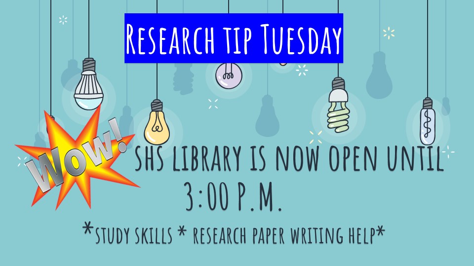 It's official! Every day the SHS Library will be open until 3:00 P.M.  Get your homework done, get help with your research, and learn study skills!  #studyinspiration #studentsuccess