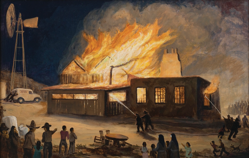 AntiquesMag's tweet photo. Next up in our year's recap: Our January/February 2021 issue featured a profile of New Mexico artist Will Shuster (1893-1969).
⁠
Fire at Bustos Midway Cash Store at Pecos – N.M, 1947.  Zaplin Lampert Gallery photograph.⁠

#AntiqueoftheDay #willshuster  @NMMuseumofArt https://t.co/7QhyvDw89p