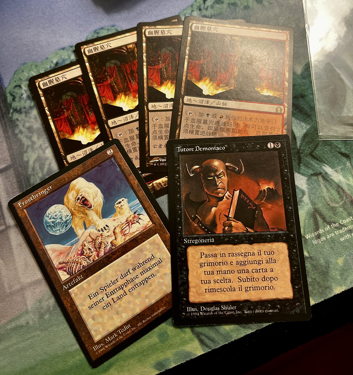 turn0games's tweet photo. Some nice foreign cards from #MTGLasVegas - Let’s open an Italian restaurant in NYC called Tutore Demoníaco. What say you, @Mengu09? https://t.co/RQ77Acx6uK
