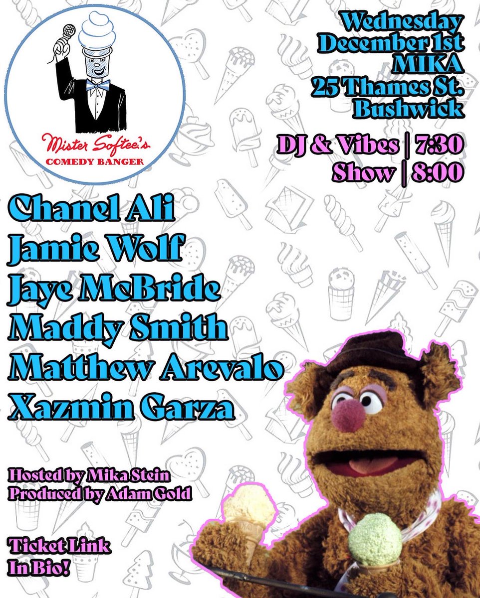 Adam Gold (@the_chai_life) on Twitter photo Wednesday’s mister softee’s show at MIKA is gonna be 🔥🔥🔥
✨ <a href="/chanel__ali/">Chanel Ali</a>
✨ @jamiewolfcomedy
✨ @jayemcbride
✨ <a href="/somaddysmith/">Maddy Smith</a>
✨ <a href="/matthewarevalo_/">Matthew Arevalo</a>
✨ @StartsWithanX
🎟: eventbrite.com/e/mister-softe… Wednesday’s mister softee’s show at MIKA is gonna be 🔥🔥🔥
✨ <a href="/chanel__ali/">Chanel Ali</a>
✨ @jamiewolfcomedy
✨ @jayemcbride
✨ <a href="/somaddysmith/">Maddy Smith</a>
✨ <a href="/matthewarevalo_/">Matthew Arevalo</a>
✨ @StartsWithanX
🎟: eventbrite.com/e/mister-softe…