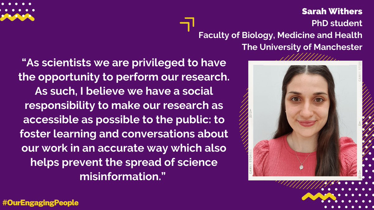 UoMEngage's tweet photo. Meet Sarah Withers (@SE_Withers)  

Sarah is a @UoM_MRC_DTP Neuroscience PhD student. She was recently shortlisted for the 2021 Max Perutz Science Writing Award, which was founded to help develop PhD researchers #scicomm skills.  

#OurEngagingPeople https://t.co/dTWegyAYPD
