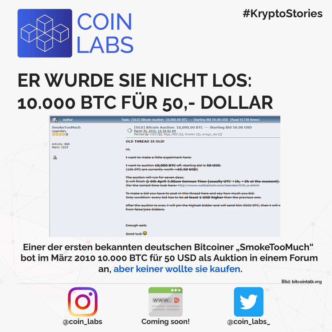 coin_labs_'s tweet photo. Einer der ersten bekannten deutschen Bitcoiner „SmokeTooMuch“ bot im März 2010 10.000 #Bitcoin für 50 USD als Auktion in einem Forum an, aber keiner wollte sie kaufen. 😭

#️⃣ #cryptonews #krypto #crypto #cryptocurrency #kryptowährungen #cryptoasset #cryptomarket #kryptomarkt https://t.co/O8BS1I9o29