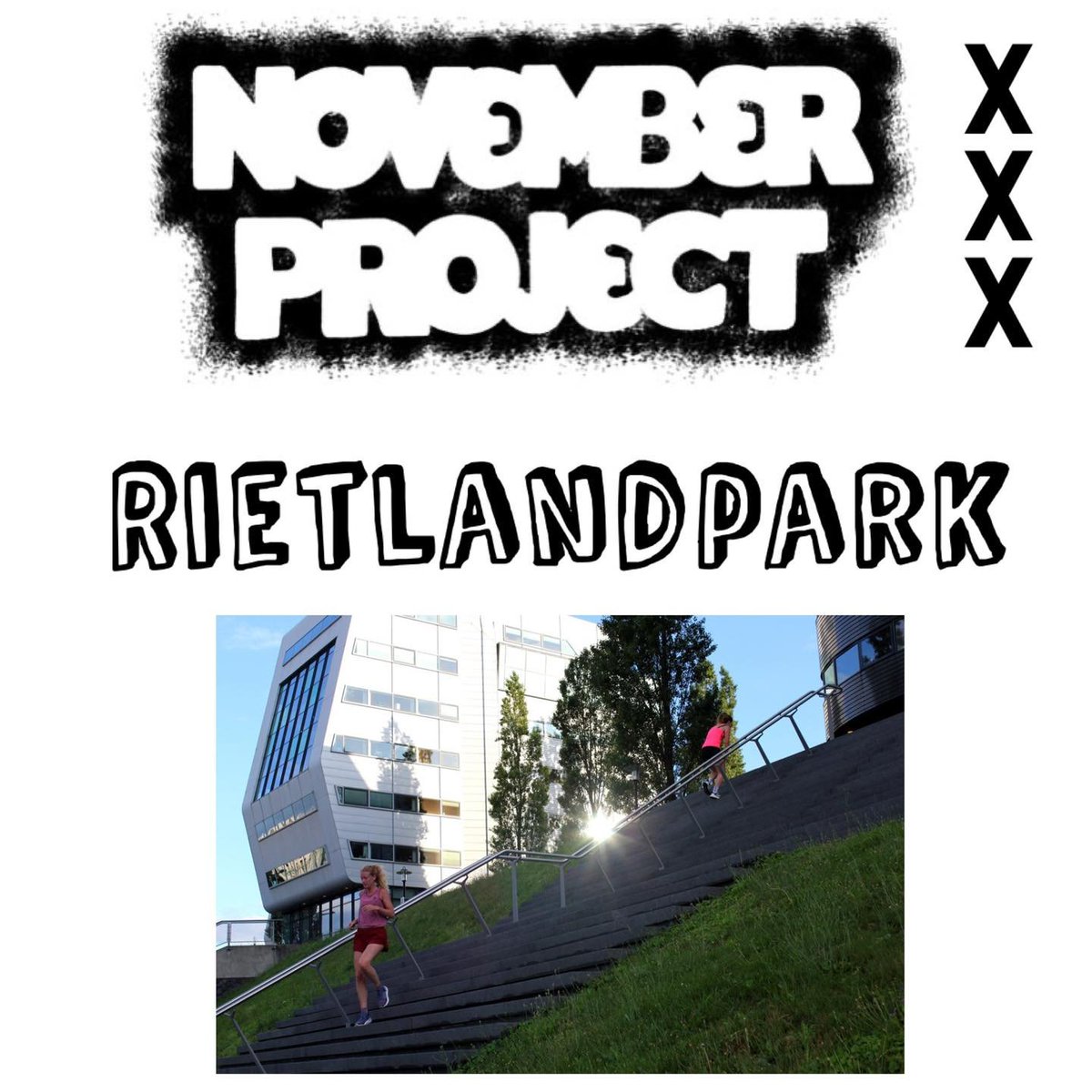 AmsFitProject's tweet photo. We are SUPER excited to be heading back to Rietlandpark tomorrow, 1 December, for a special revisit to our Stairs PR Day!!!
❌ 06:28
❌ free street parking 
❌ Bring a dark shirt for a limited time only silver tag!
#NovemberProject #NP_AMS #FreeFitness #Amsterdam #JustShowUp https://t.co/tgN8IfAfGU