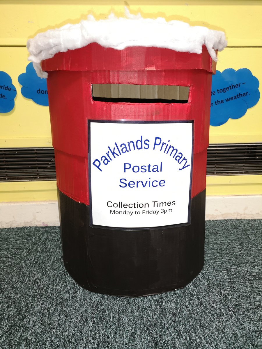 AimeeAll1's tweet photo. After a lot of cardboard box cutting, painting, snowing and glittering, our Y3 #Christmaspostbox @ParklandsLeeds @chrisdysonHT is ready for tomorrow! 

Only achieved with great cardboardy tips from @DarrellWakelam the #CardboardKing.

#NaughtyElf is ready for some mischief too! https://t.co/oZAAr814qq