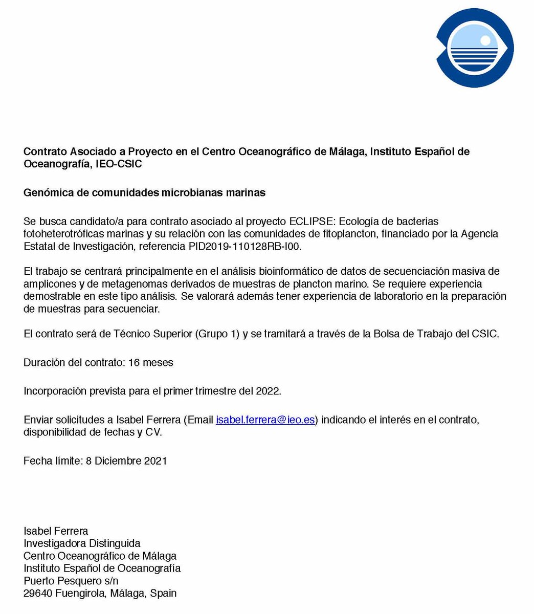 IsabelFerreraC's tweet photo. 📢Atención: Oportunidad de contrato para el @IEO_Malaga  Buscamos una persona con experiencia en análisis bioinformáticos de datos de secuenciación masiva, idealmente en muestras ambientales 🧬🌊⌨️
Se agradece difusión.
Más info aquí ⬇️ https://t.co/vTNRR7lSSq