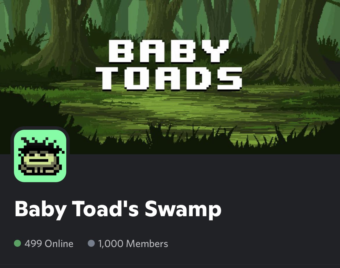 babytoads's tweet photo. 1,000 members have joined The Swamp already.
I will be announcing the launch time in Discord shortly.
Are you ready to adopt a #BabyToad today?! 🐸🍼
https://t.co/TvMVnhbOFQ https://t.co/8CAPO9WNIe
